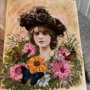 Vintage Floral Portrait Art Woman Canvas Panel 11x14